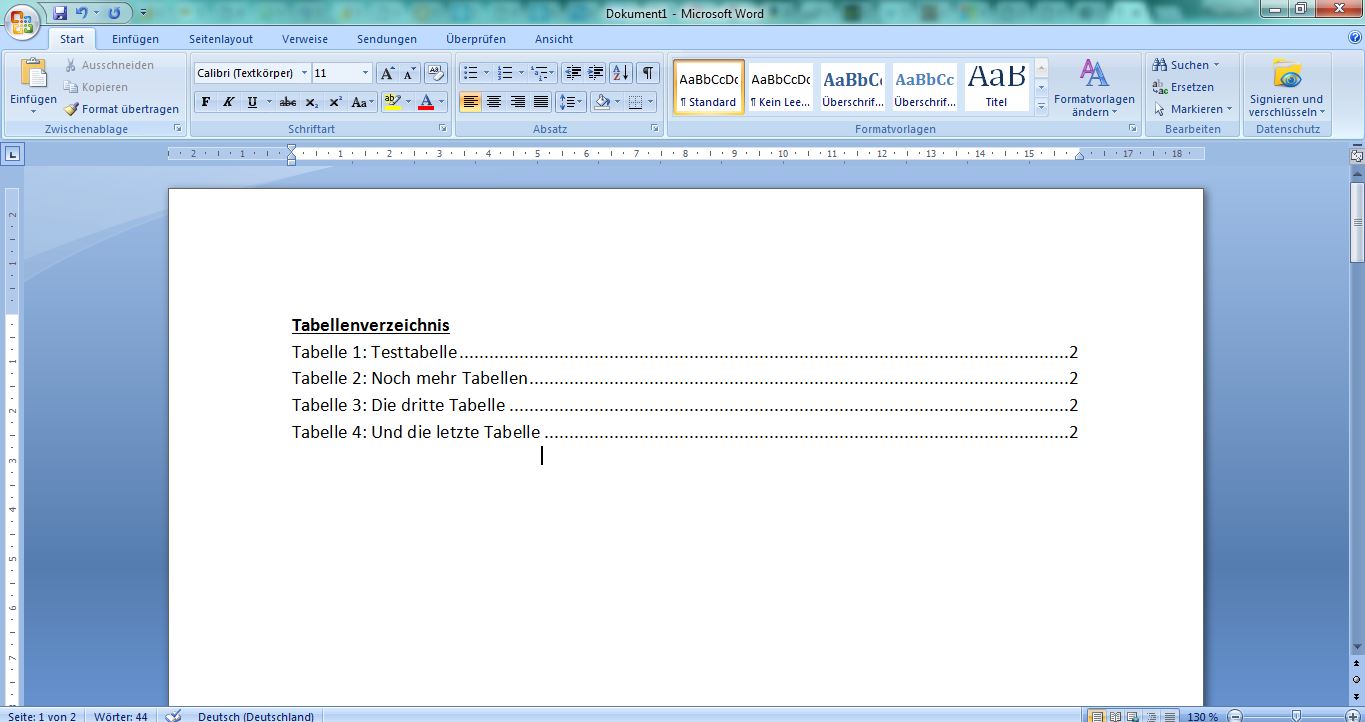 Tabellenverzeichnis Beispiel Word