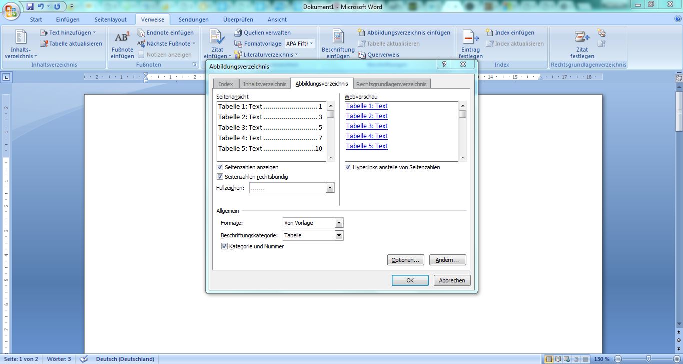 Tabellenverzeichnis einfügen Word
